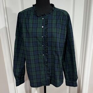 Womens Black watch plaid ruffle neck top J.Crew preowned XL